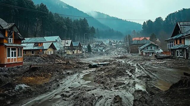 Village devastated by recent mudslide in mountainous area. Scene of natural disaster and community impact.