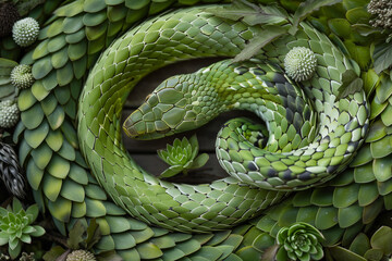 Fototapeta premium top view of a curled up green wooden snake, symbol of the new year 2025