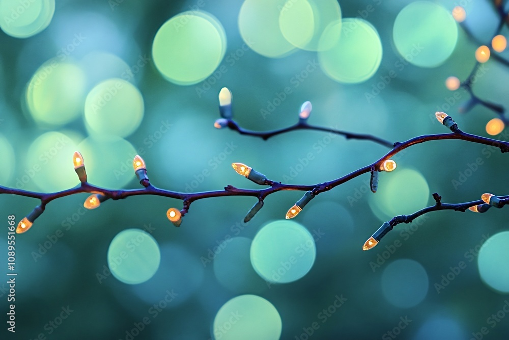 Poster small christmas lights wrapped around a bare branch create a warm and festive atmosphere, enhanced b