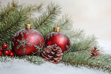 Two red Christmas ornaments sit on top of snow-covered ground