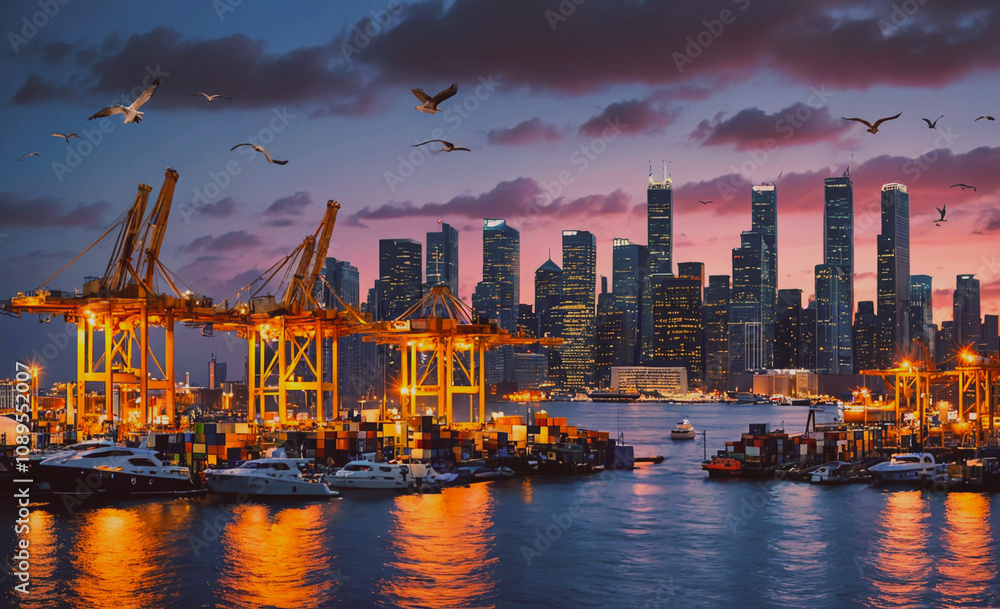 Poster A city skyline with a large crane in the foreground. The crane is surrounded by several other cranes and a large number of birds. The sky is cloudy and the sun is setting, creating a moody atmosphere