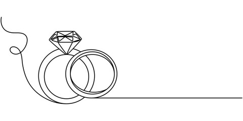 Wedding ring continuous one line drawing. Isolated on white background vector illustration. Diamond Ring Continuous Line Illustration, Two wedding rings in one continuous line drawing. Love, romantic 