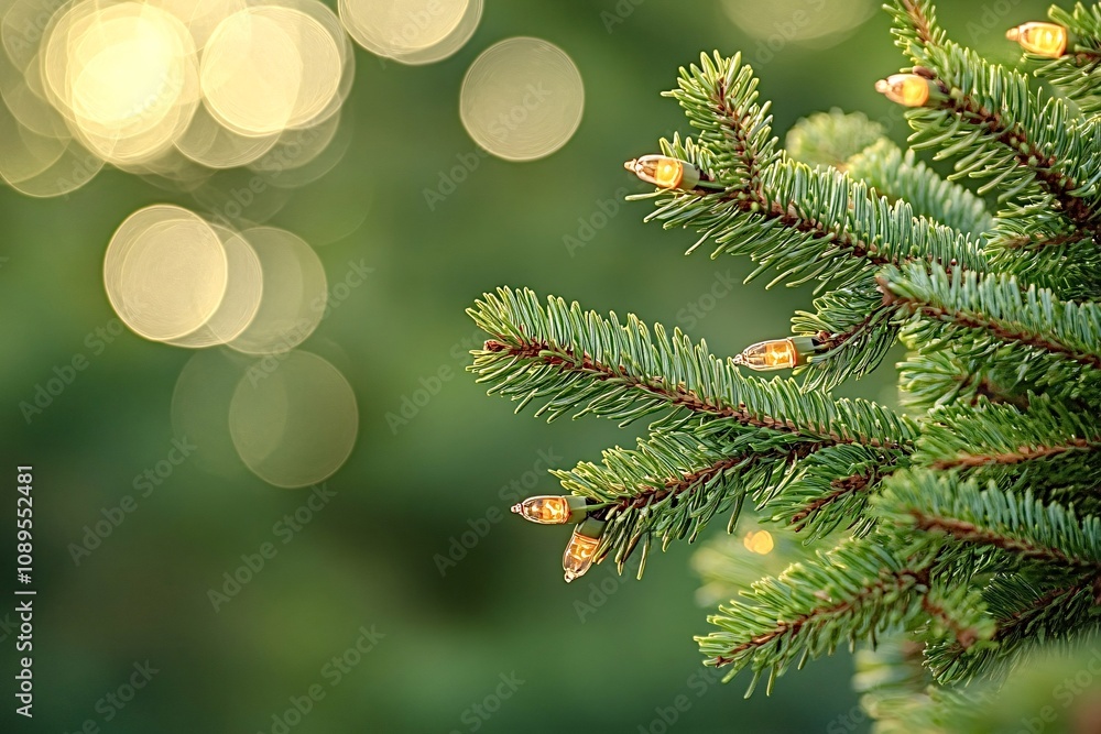 Poster warm christmas lights gently illuminate the delicate branches of a spruce tree, creating a festive a