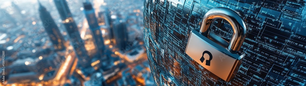 Poster digital padlock symbolizing cybersecurity on city skyline background, representing data protection a