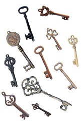 Hand-Painted Watercolor Antique Skeleton Keys Clip Art: Ornate, Vintage Ephemera with Intricate Designs and Timeless Charm for Steampunk, Gothic, and Nostalgic Decor