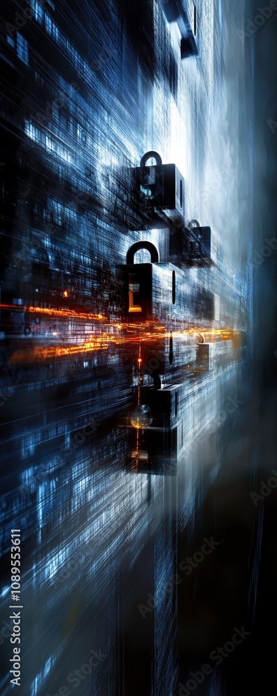 Poster complex data stream flows through digital landscape, featuring locks symbolizing security and protec
