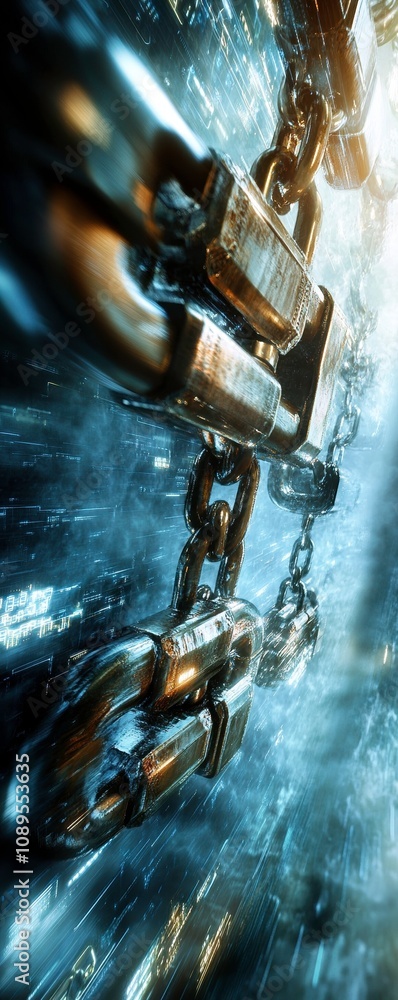 Poster complex data stream flowing through metallic chain, showcasing intricate details and futuristic aest