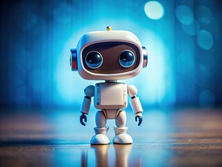 A white robot, cute and tilted; blue, blurred backdrop.  AI-crafted.