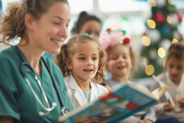 Obraz premium Doctor reading book to children at new year cheer in a hospital in a festive and heartwarming scene. 