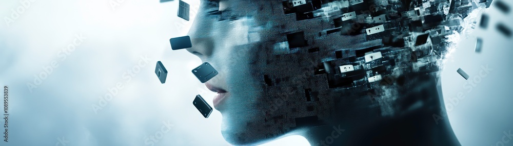 Poster futuristic human figure made of pixels, representing digital transformation and technology. blend of