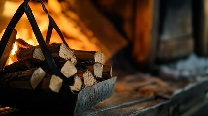 Firewood in metal carrier