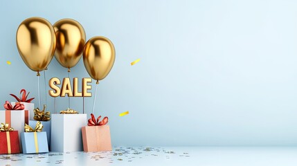 Celebrate your savings with golden balloons and festive gifts on a charming podium