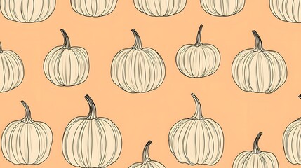 Minimalistic hand-drawn pumpkins in black outlines scattered on a soft peach background, creating a rustic seasonal design..