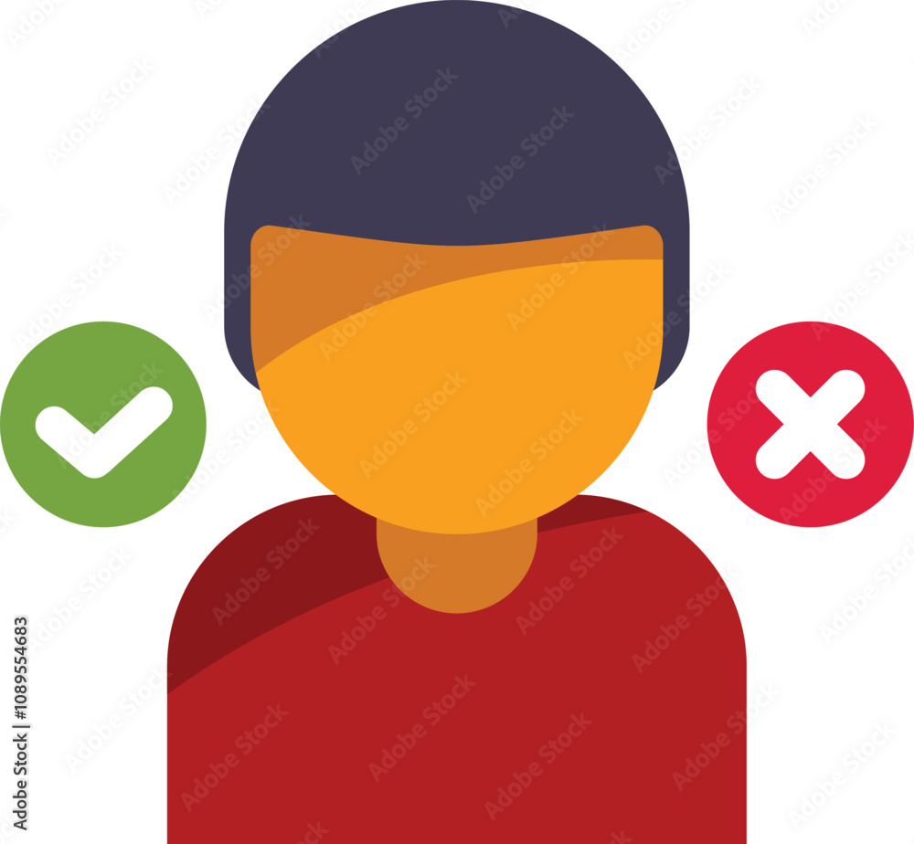 Poster conceptual illustration of a person deciding between a right and a wrong choice, symbolized by check