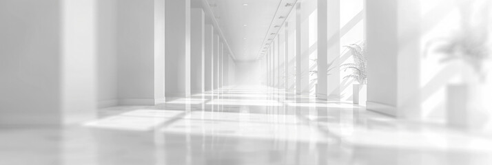 blurred background long corridor, white hospital terrace, waiting rooms, windows and flowerpots with color, doors in the distance, business center, sunny frame, copy space banner