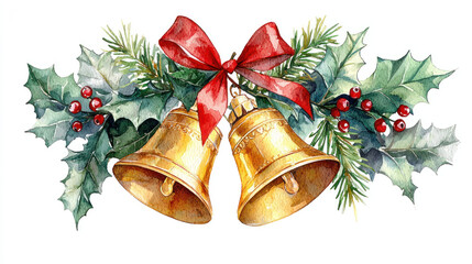 Christmas Bells Holly Berries Festive Watercolor Illustration