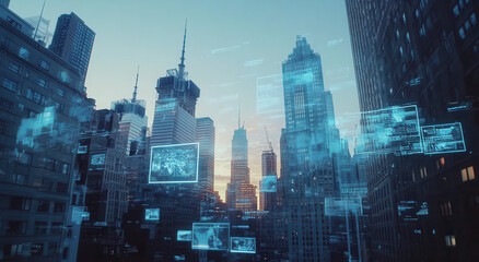 Multi-exposure of abstract digital world map hologram overlaying New York City skyscrapers, representing global research and analytics concepts