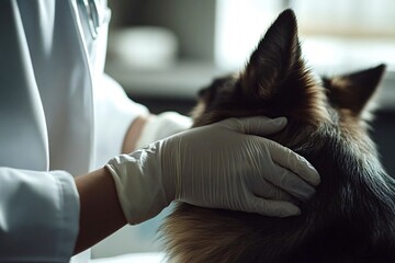 Veterinarian wearing gloves performing checkup on german shepherd dog, ensuring animal health and well-being in professional veterinary clinic