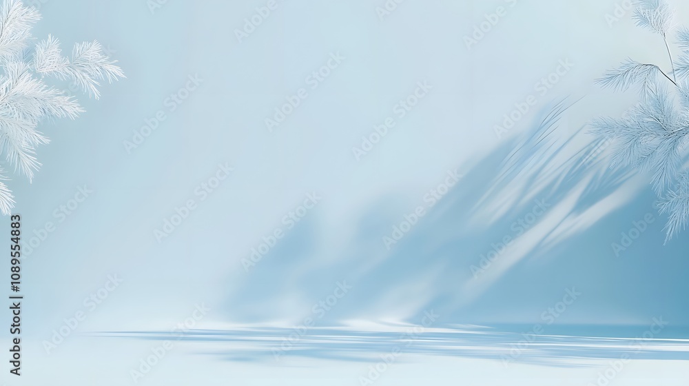 Poster a serene winter composition of frosted tree branches casting soft shadows on a light blue surface, e