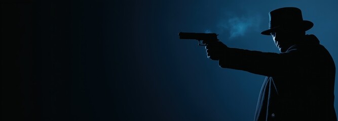 Silhouette of gangster raising gun, criminal or mafia concept, horizontal poster banner 