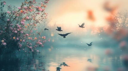 Fototapeta premium Serene Morning Scene with Birds Flying Over a Misty River and Blossoming Flowers