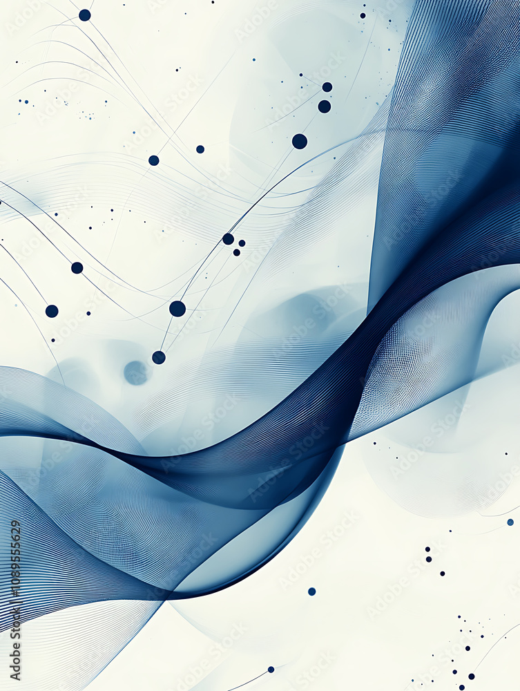 Poster professional abstract background design featuring flowing blue waves, soft curves, and delicate dots