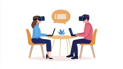 Two individuals engaging in virtual reality discussion using laptops.