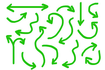 Set of arrow sign drawn with green crayons on white background
