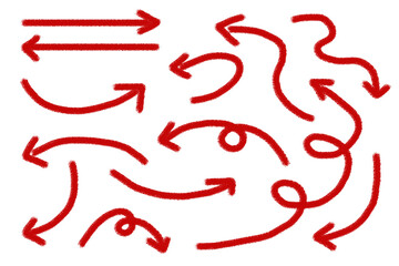 Hand drawn scribbles on white background. red Arrow, circle, stroke lines and squares drawn with black marker pen. Design element, clipping path.