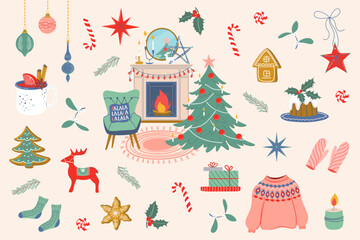 Happy holidays elements set. Cozy Winter and Christmas elements collection. Cute vintage xmas objects. Hand drawn flat design vector illustrations.
