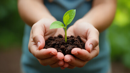 Caring Hands Gently Holding Young Green Seedling Against Natural Background