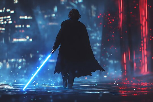 Dark cloaked figure walks away with blue lightsaber