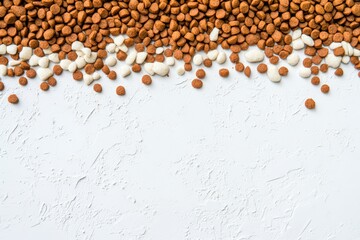 Naklejka premium Close-up of dry dog food scattered on white background.