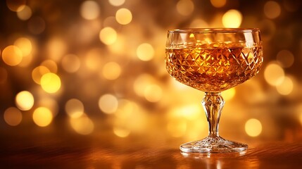 A close-up shot of a crystal glass filled with golden liqueur, illuminated by soft golden light, casting a warm glow on a polished wooden surface, with a dark,