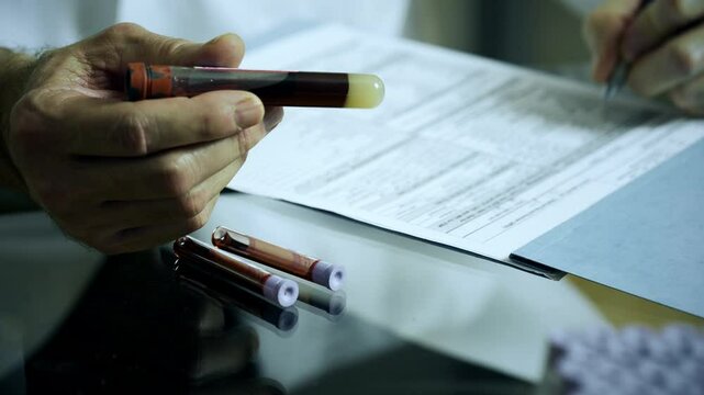 doctor writing results for a blood test focus on test tube 4k
