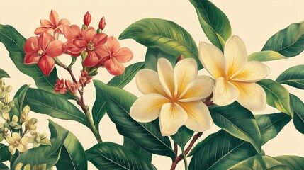 Botanical Illustration of Red and White Tropical Flowers