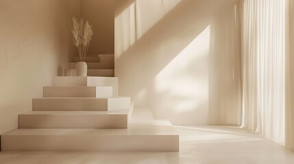 Obraz premium A serene interior space featuring minimalist steps, soft lighting, and a decorative plant in a vase.