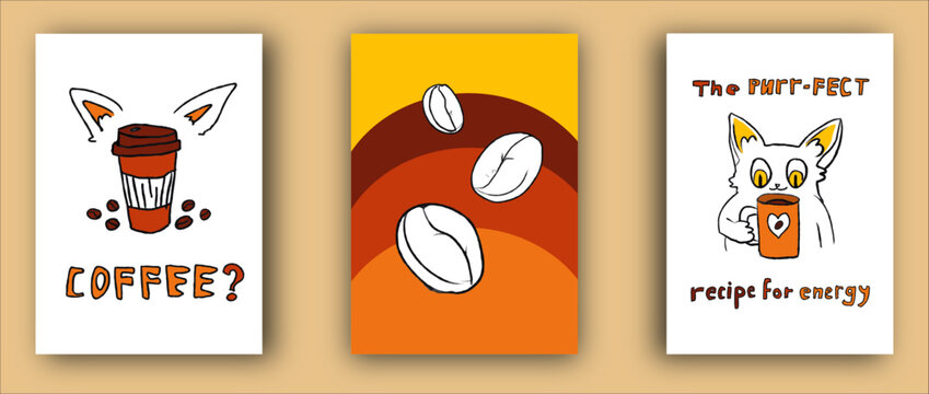 A set of posters for a coffee shop in the style of a sketch with a cute cat. Collection, template for a coffee shop. Vector illustrations of coffee, takeaway. Coffee shop sign, logo, banner, warm