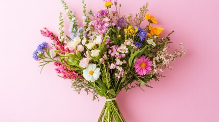 Bouquet of mixed wildflowers on a pastel pink background, fresh and natural generative ai