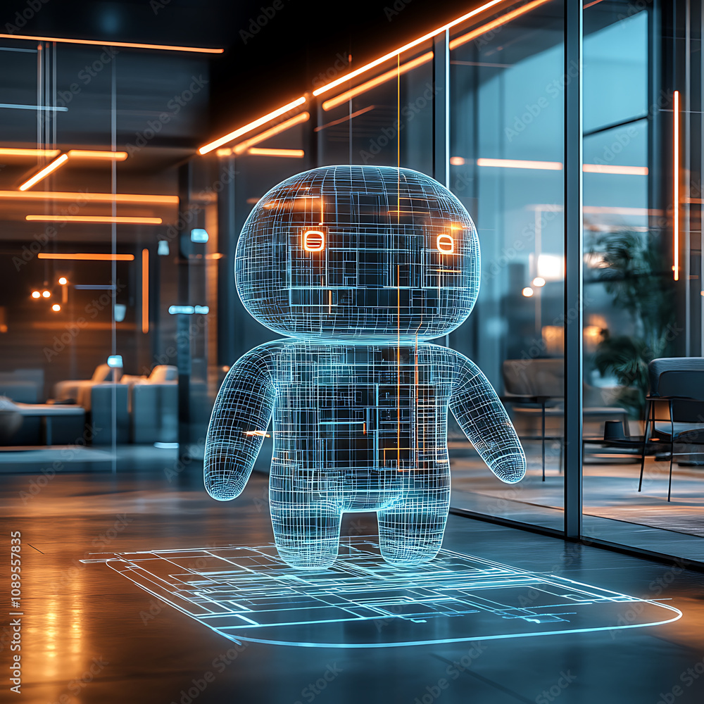 Poster futuristic 3d holographic robot stands in modern office space, showcasing advanced technology and de