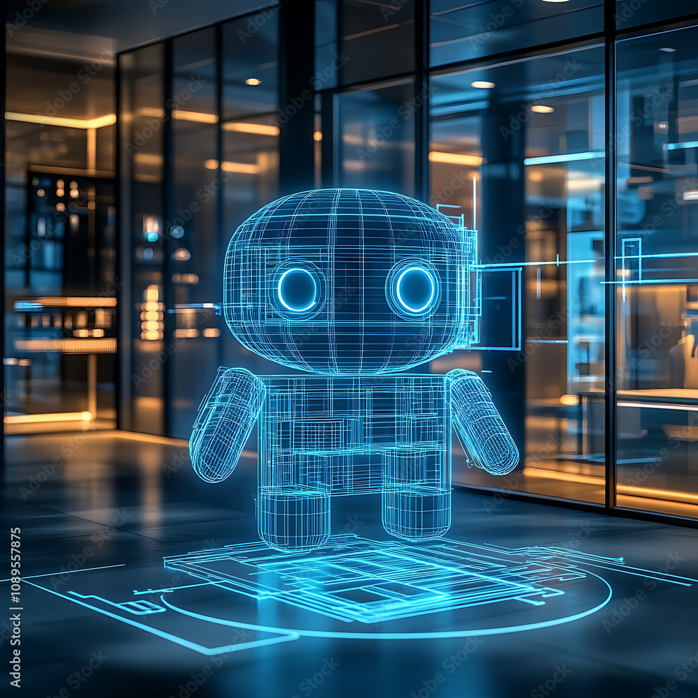 Poster futuristic 3d architectural blueprint of robot in modern office. sleek design and glowing lines crea