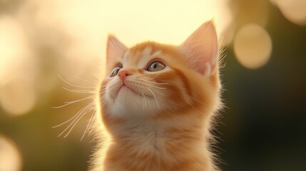 Obraz premium A curious orange kitten gazes upward with bright eyes during a sunset in a warm outdoor setting