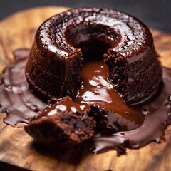 Massive chocolate lava cake with molten core oozing, extreme wide shot, soft focus, low angle shot