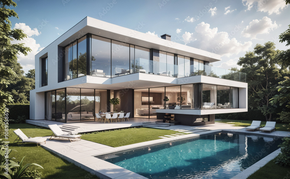 Aufkleber a large white house with a pool and a glass wall. the house is surrounded by trees and has a modern 