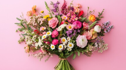 Fototapeta premium Bouquet of mixed wildflowers on a pastel pink background, fresh and natural generative ai