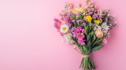 Fototapeta premium Bouquet of mixed wildflowers on a pastel pink background, fresh and natural generative ai