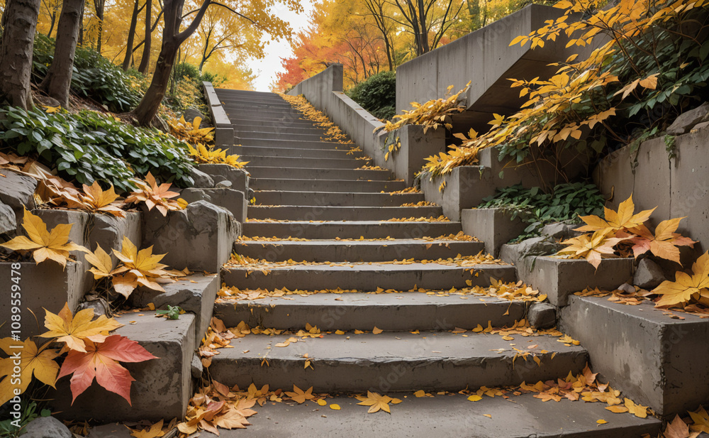 Poster a staircase with leaves on it. the leaves are yellow and brown. the leaves are on the steps and the 