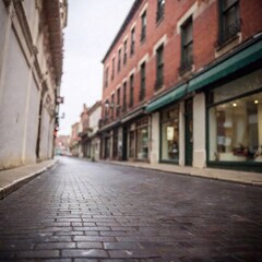 Obraz premium A full shot of an empty main street where storefronts are faded and peeling. Shallow focus makes the foreground starkly clear while the buildings in the background blur into a spooky haze of decay and