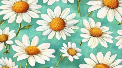 Fototapeta premium Bright and cheerful daisy flowers on a vibrant mint green background, generative ai