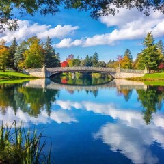 Fototapeta premium landscape illustration of a tranquil lake with a charming bridge